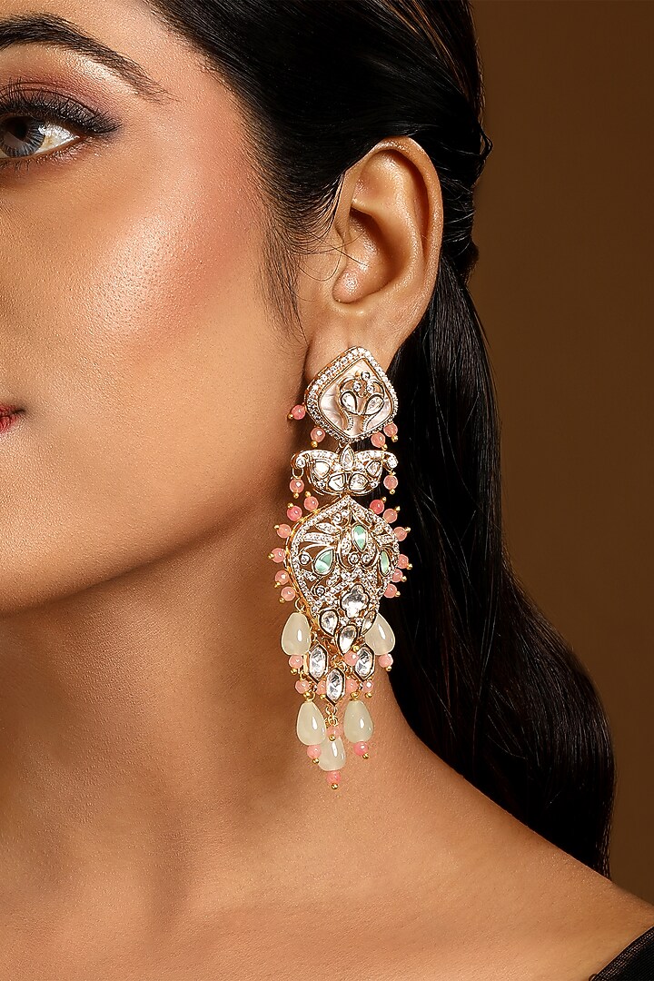 Micron Gold Finish Kundan Polki & Pink Agate Stone Enameled Dangler Earrings by Hrisha Jewels at Pernia's Pop Up Shop