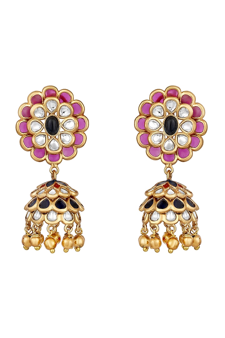 Micron Gold Finish Pachi Kundan Polki & Ghungroo Enameled Jhumka Earrings by Hrisha Jewels at Pernia's Pop Up Shop
