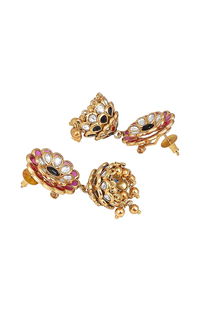 Micron Gold Finish Pachi Kundan Polki & Ghungroo Enameled Jhumka Earrings by Hrisha Jewels at Pernia's Pop Up Shop