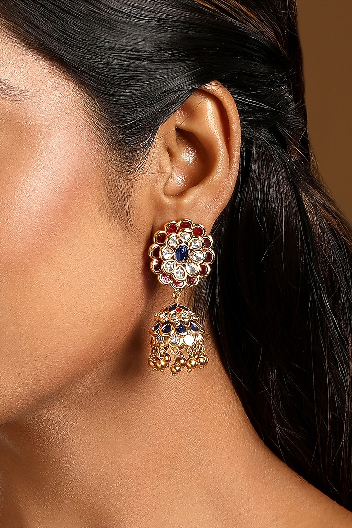Micron Gold Finish Pachi Kundan Polki & Ghungroo Enameled Jhumka Earrings by Hrisha Jewels at Pernia's Pop Up Shop