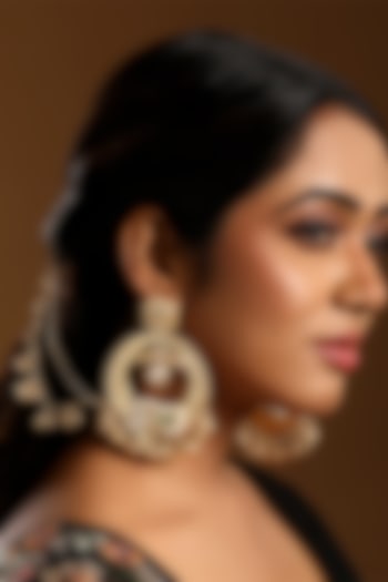 Micron Gold Finish Kundan Polki & Emerald Stone Chandbali Earchains by Hrisha Jewels at Pernia's Pop Up Shop