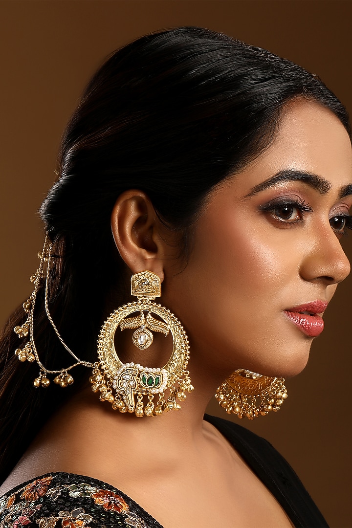Micron Gold Finish Kundan Polki & Emerald Stone Chandbali Earchains by Hrisha Jewels at Pernia's Pop Up Shop