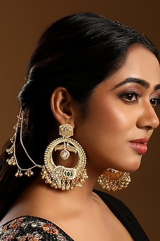 Micron Gold Finish Kundan Polki & Emerald Stone Chandbali Earchains by Hrisha Jewels