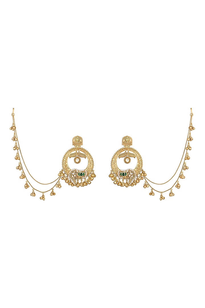 Micron Gold Finish Kundan Polki & Emerald Stone Chandbali Earchains by Hrisha Jewels at Pernia's Pop Up Shop