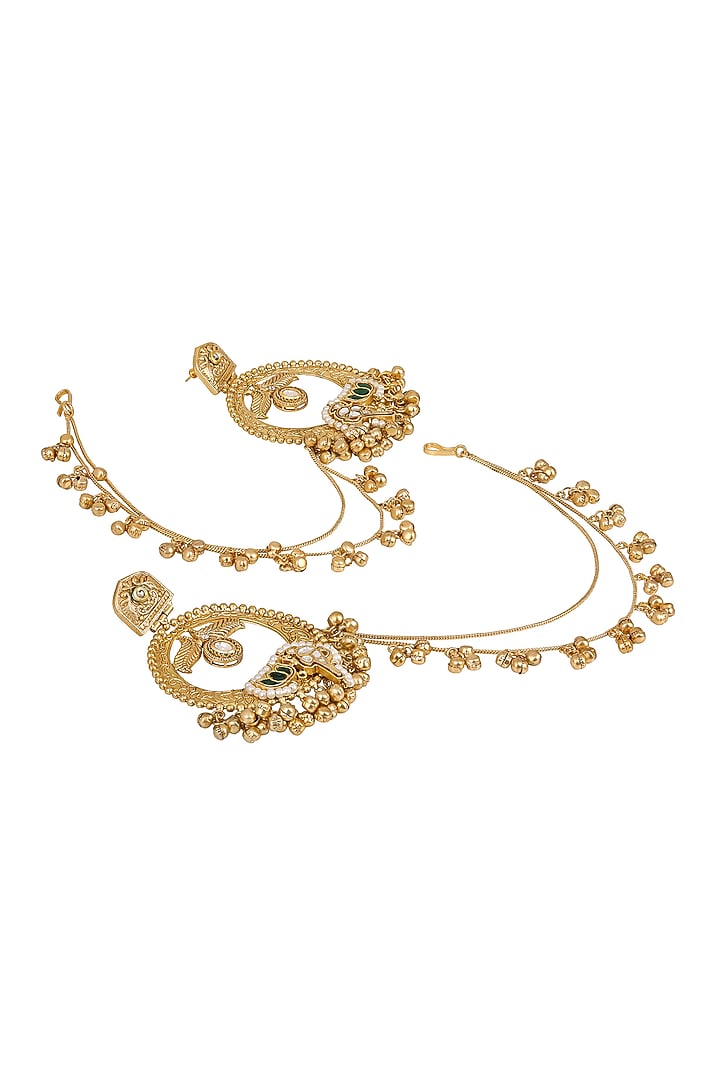 Micron Gold Finish Kundan Polki & Emerald Stone Chandbali Earchains by Hrisha Jewels at Pernia's Pop Up Shop
