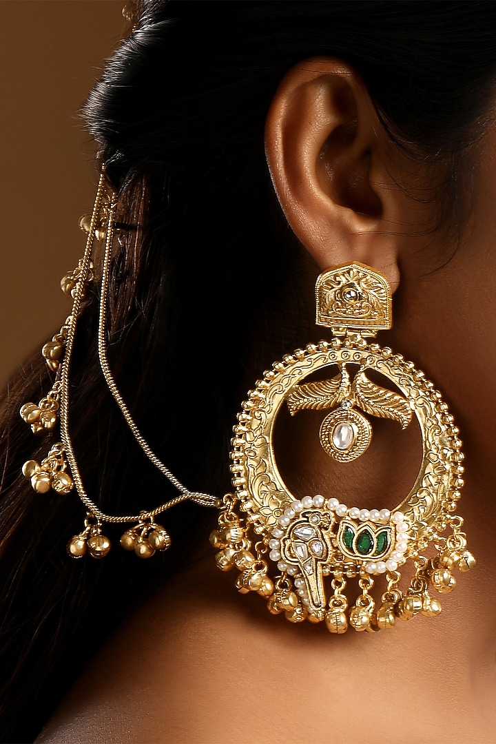 Micron Gold Finish Kundan Polki & Emerald Stone Chandbali Earchains by Hrisha Jewels at Pernia's Pop Up Shop
