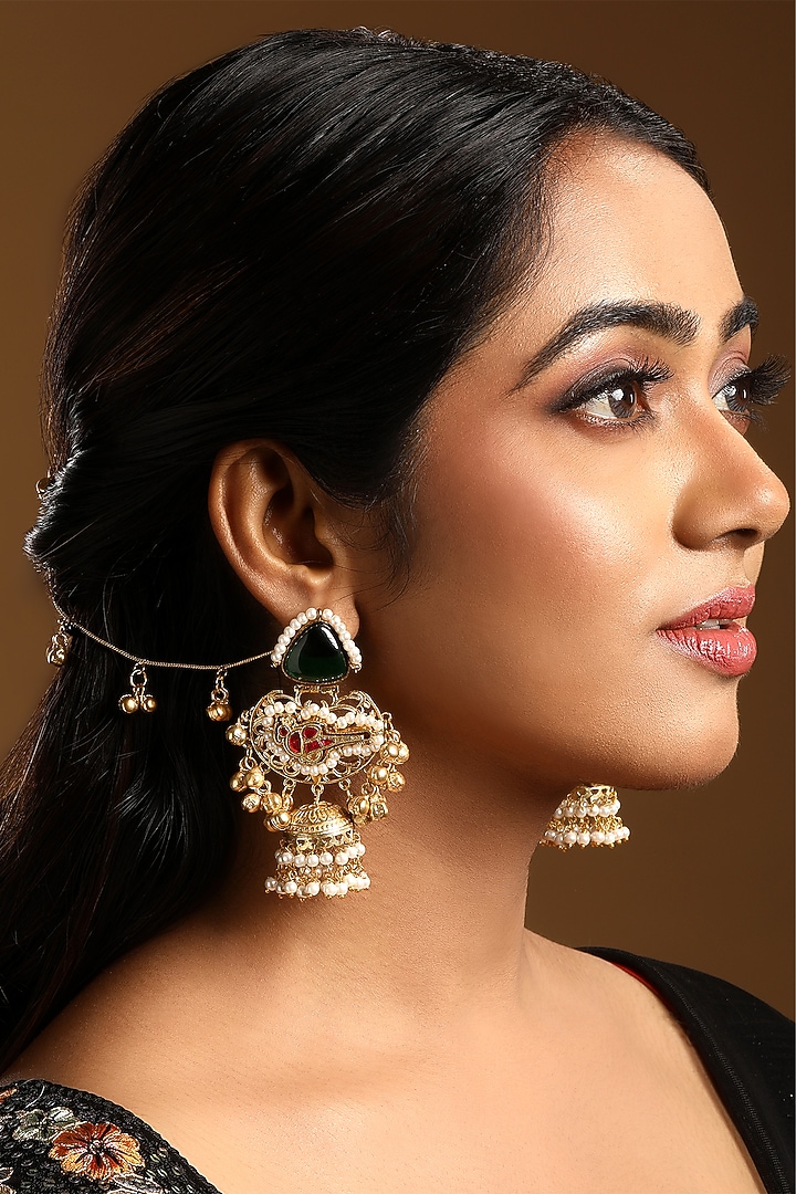 Micron Gold Finish Ruby & Emerald Stone Jhumka Earchains by Hrisha Jewels at Pernia's Pop Up Shop