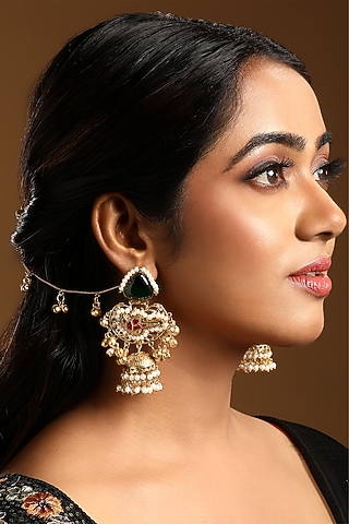 Micron Gold Finish Ruby & Emerald Stone Jhumka Earchains by Hrisha Jewels