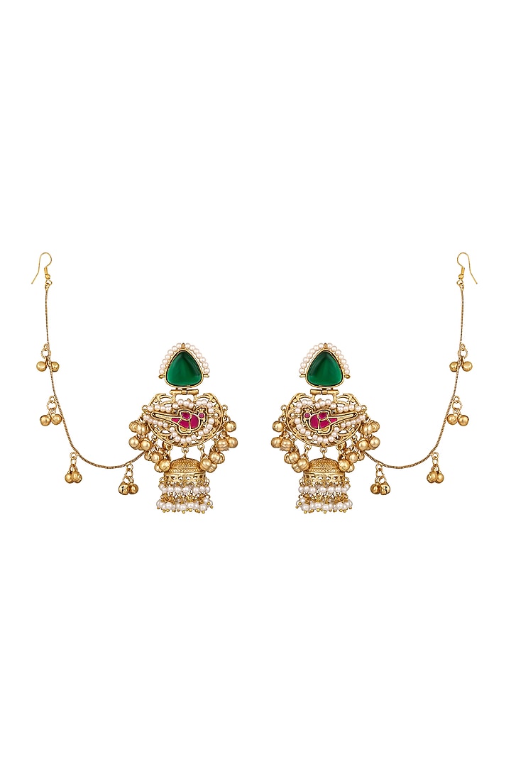 Micron Gold Finish Ruby & Emerald Stone Jhumka Earchains by Hrisha Jewels at Pernia's Pop Up Shop