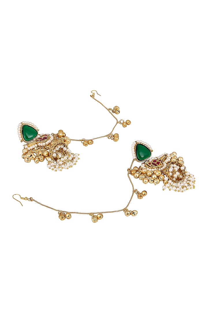 Micron Gold Finish Ruby & Emerald Stone Jhumka Earchains by Hrisha Jewels at Pernia's Pop Up Shop