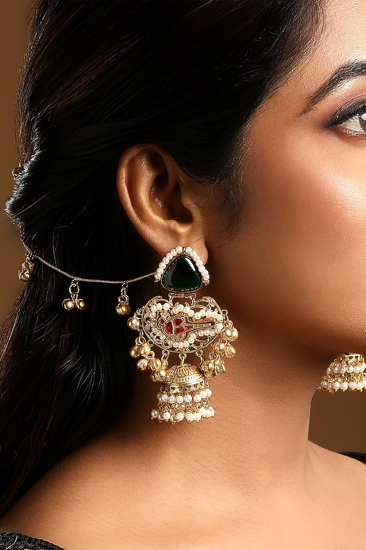Micron Gold Finish Ruby & Emerald Stone Jhumka Earchains by Hrisha Jewels at Pernia's Pop Up Shop
