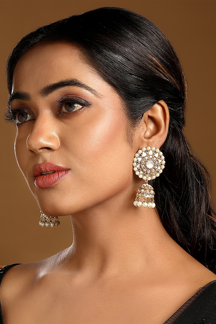 Micron Gold Finish Kundan Polki & Mother Of Pearl Jhumka Earrings by Hrisha Jewels at Pernia's Pop Up Shop