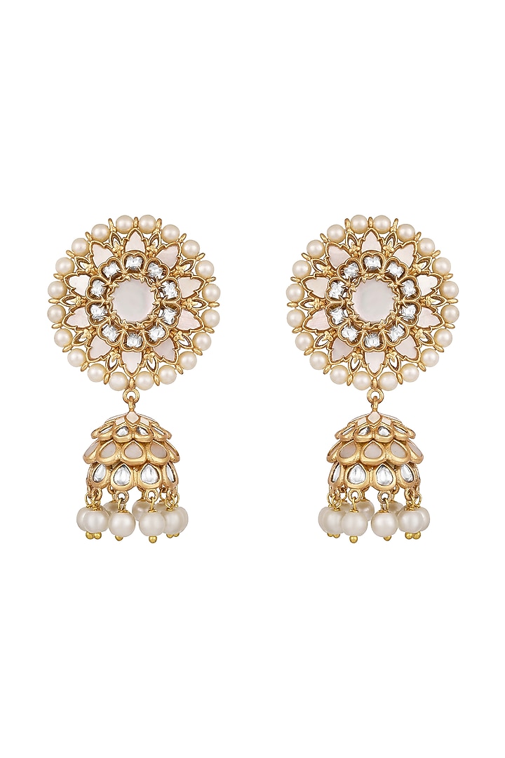 Micron Gold Finish Kundan Polki & Mother Of Pearl Jhumka Earrings by Hrisha Jewels at Pernia's Pop Up Shop