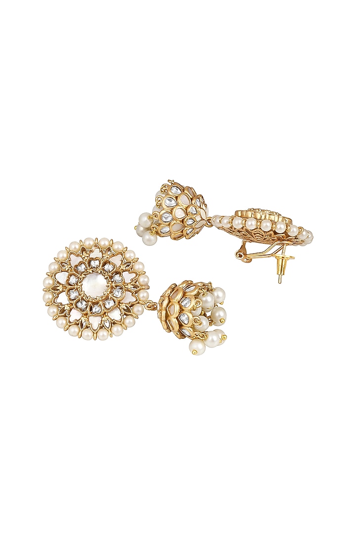 Micron Gold Finish Kundan Polki & Mother Of Pearl Jhumka Earrings by Hrisha Jewels at Pernia's Pop Up Shop
