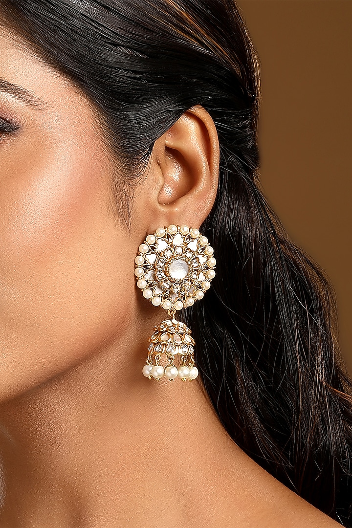 Micron Gold Finish Kundan Polki & Mother Of Pearl Jhumka Earrings by Hrisha Jewels at Pernia's Pop Up Shop