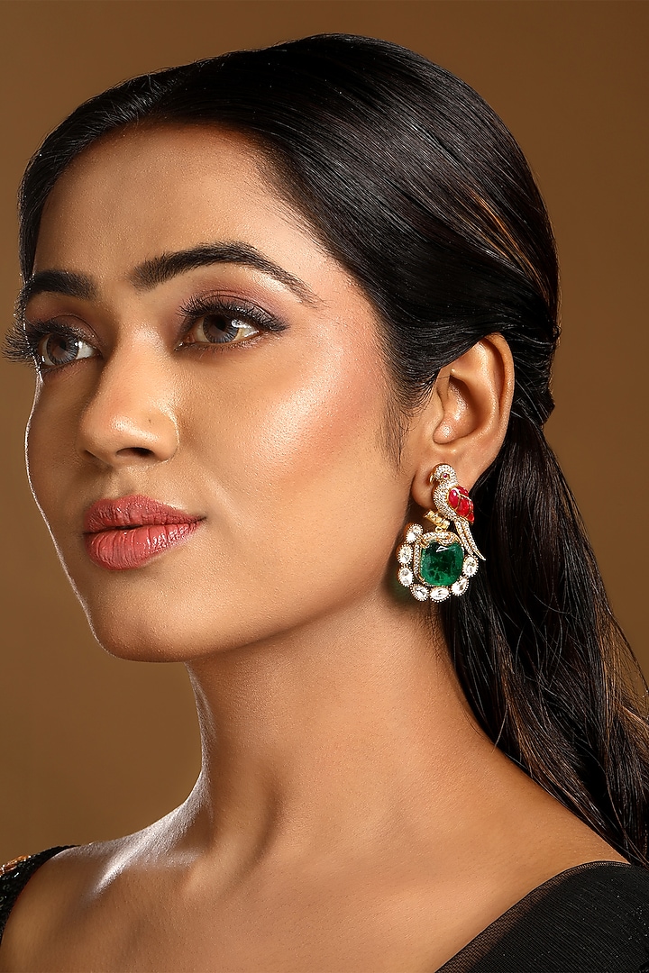 Micron Gold Finish Emerald & Ruby Stone Enameled Dangler Earrings by Hrisha Jewels at Pernia's Pop Up Shop