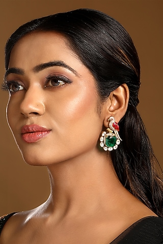 Micron Gold Finish Emerald & Ruby Stone Enameled Dangler Earrings by Hrisha Jewels