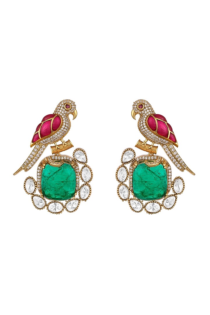 Micron Gold Finish Emerald & Ruby Stone Enameled Dangler Earrings by Hrisha Jewels at Pernia's Pop Up Shop