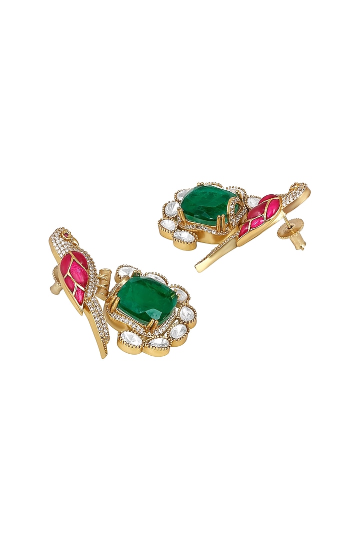 Micron Gold Finish Emerald & Ruby Stone Enameled Dangler Earrings by Hrisha Jewels at Pernia's Pop Up Shop