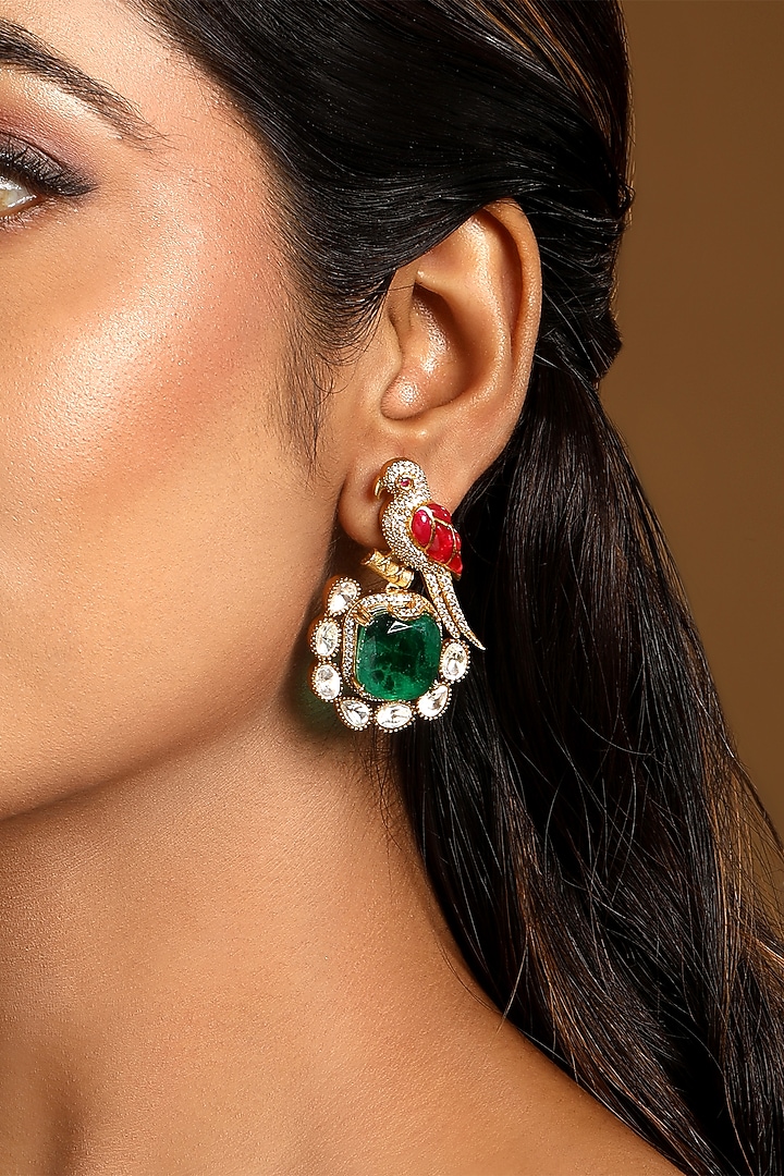 Micron Gold Finish Emerald & Ruby Stone Enameled Dangler Earrings by Hrisha Jewels at Pernia's Pop Up Shop