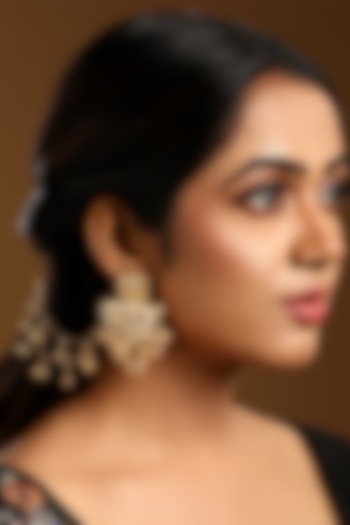Micron Gold Finish Kundan Polki & Pearl Dangler Earchains by Hrisha Jewels at Pernia's Pop Up Shop