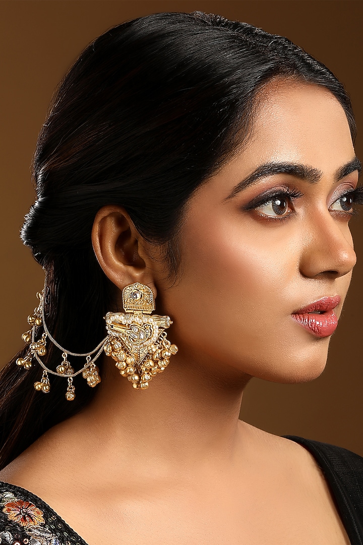 Micron Gold Finish Kundan Polki & Pearl Dangler Earchains by Hrisha Jewels at Pernia's Pop Up Shop
