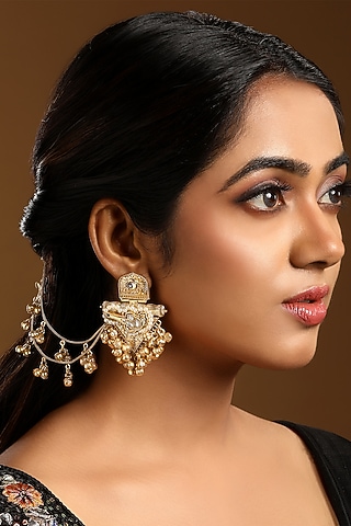 Micron Gold Finish Kundan Polki & Pearl Dangler Earchains by Hrisha Jewels