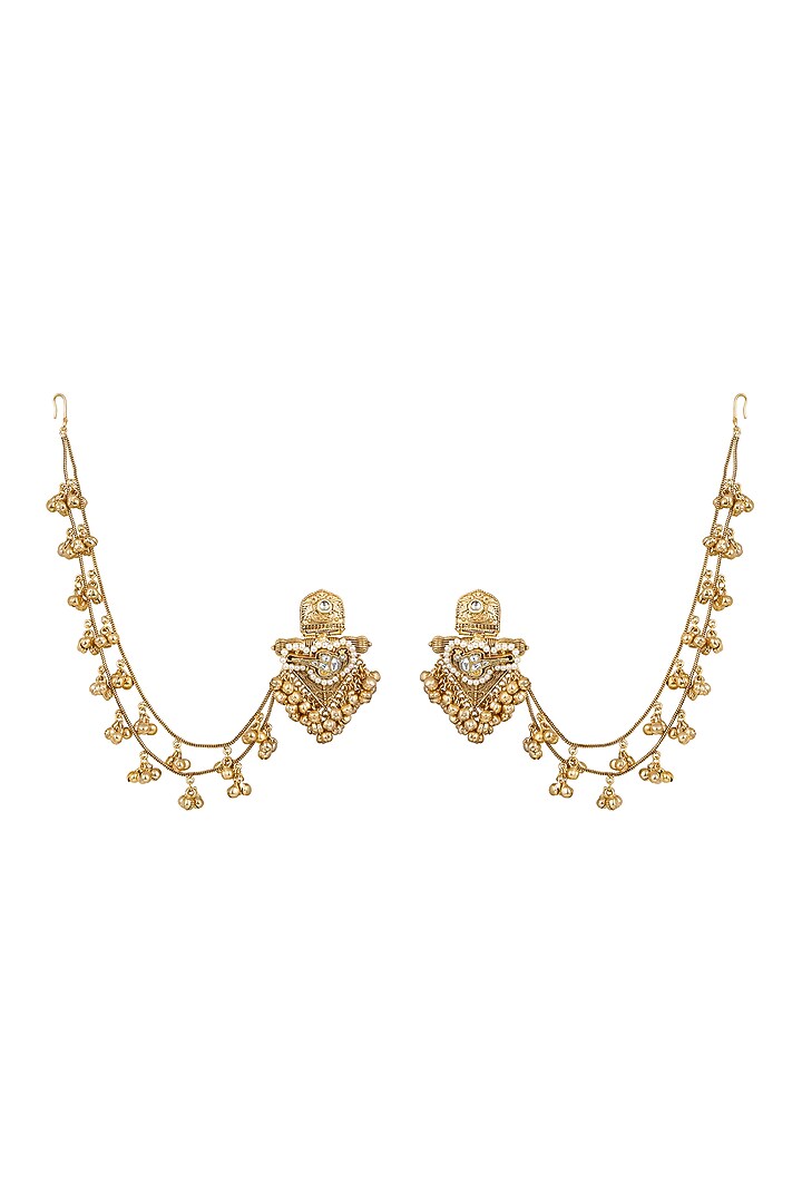 Micron Gold Finish Kundan Polki & Pearl Dangler Earchains by Hrisha Jewels at Pernia's Pop Up Shop