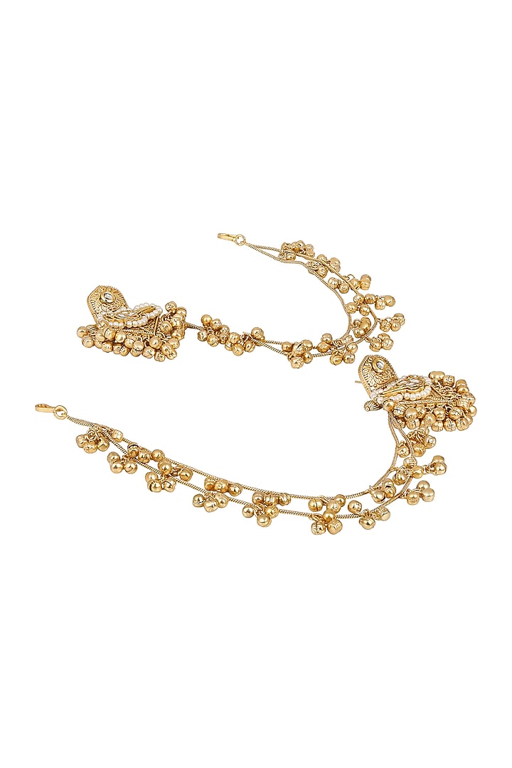 Micron Gold Finish Kundan Polki & Pearl Dangler Earchains by Hrisha Jewels at Pernia's Pop Up Shop
