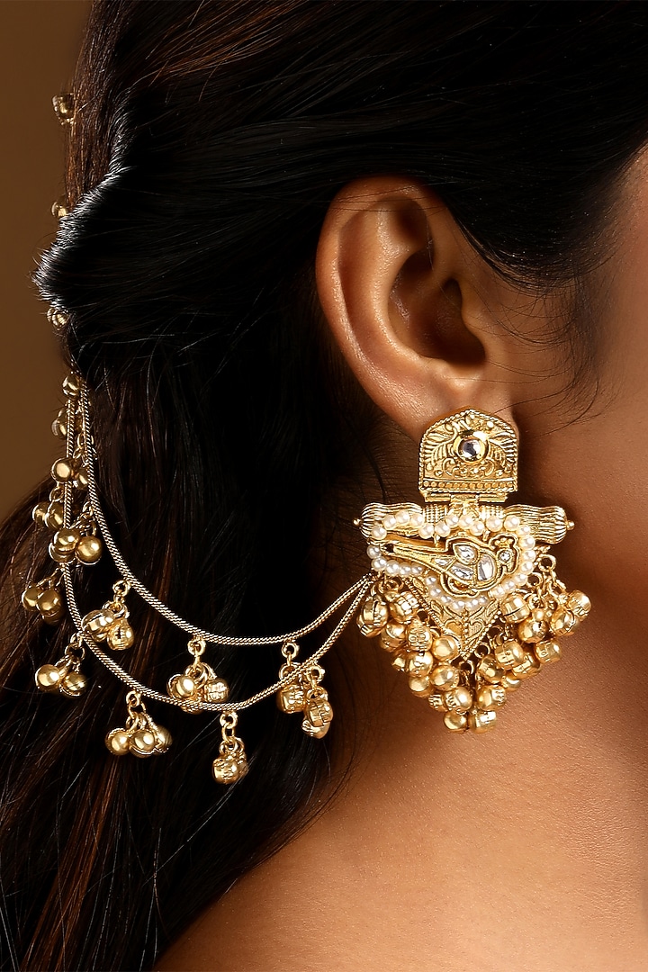 Micron Gold Finish Kundan Polki & Pearl Dangler Earchains by Hrisha Jewels at Pernia's Pop Up Shop