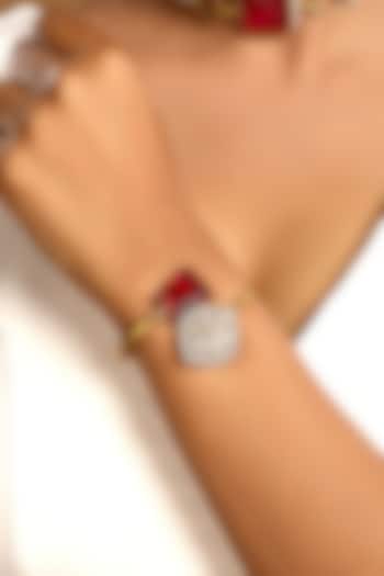 Micron Gold Finish Kundan Polki & Red Tourmaline Stone Enameled Bracelet by Hrisha Jewels at Pernia's Pop Up Shop
