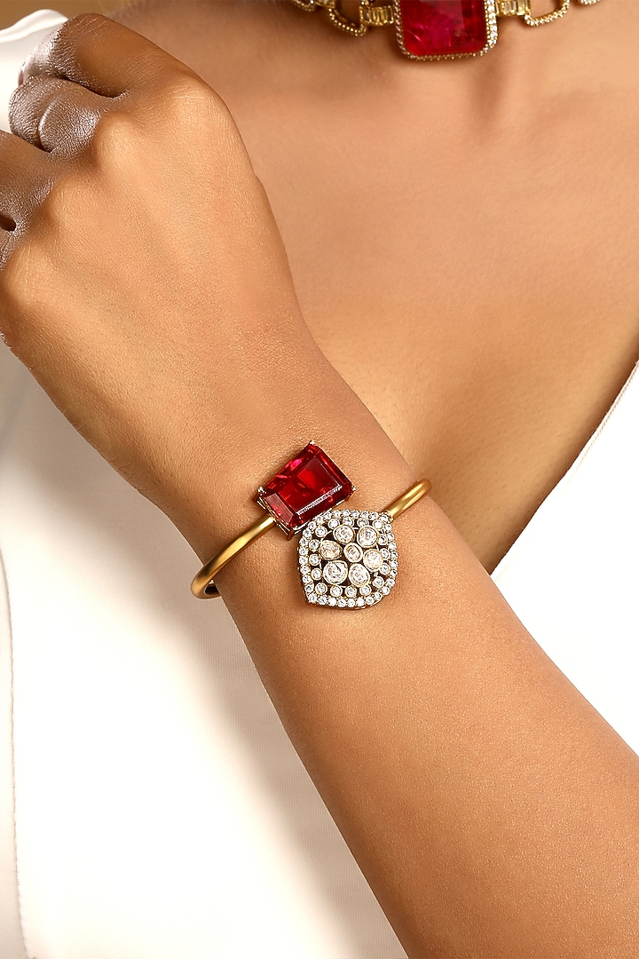 Micron Gold Finish Kundan Polki & Red Tourmaline Stone Enameled Bracelet by Hrisha Jewels at Pernia's Pop Up Shop
