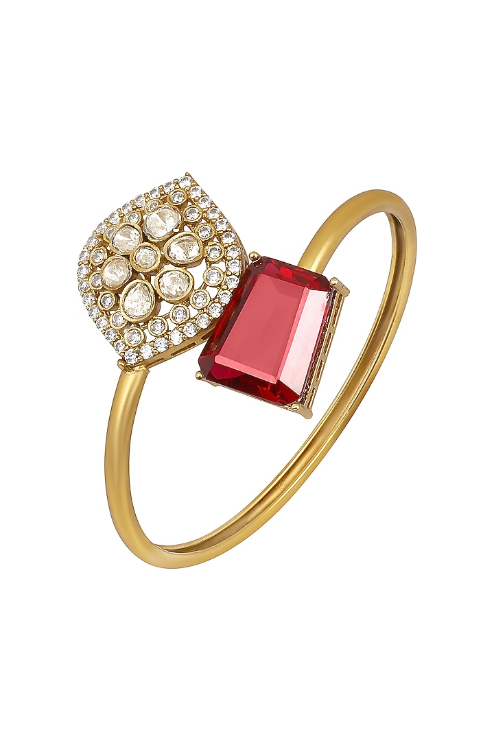 Micron Gold Finish Kundan Polki & Red Tourmaline Stone Enameled Bracelet by Hrisha Jewels at Pernia's Pop Up Shop