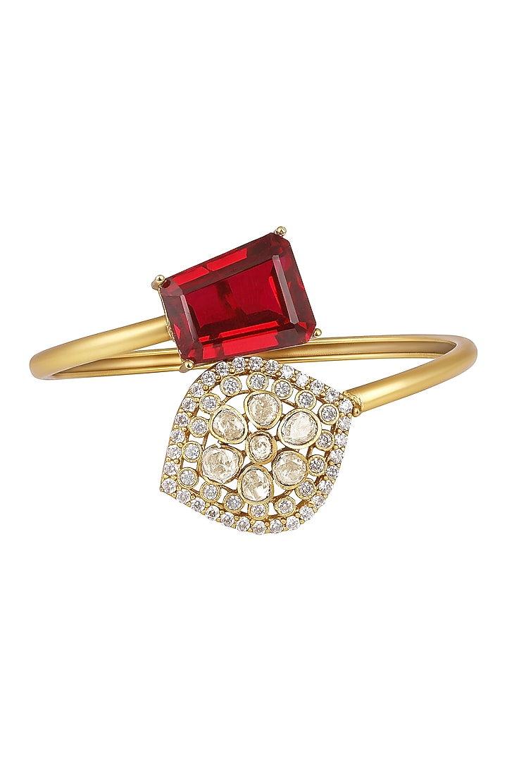 Micron Gold Finish Kundan Polki & Red Tourmaline Stone Enameled Bracelet by Hrisha Jewels at Pernia's Pop Up Shop