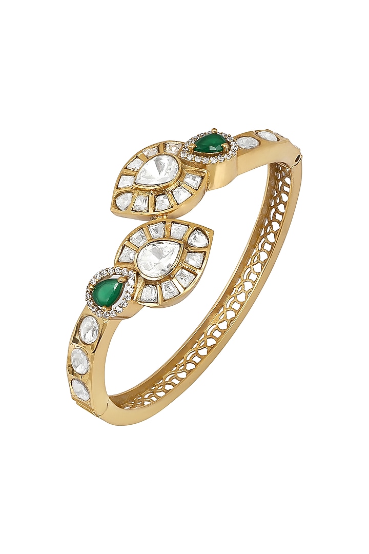 Micron Gold Finish Kundan Polki & Emerald Stone Enameled Bracelet by Hrisha Jewels at Pernia's Pop Up Shop