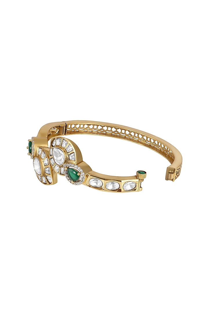 Micron Gold Finish Kundan Polki & Emerald Stone Enameled Bracelet by Hrisha Jewels at Pernia's Pop Up Shop