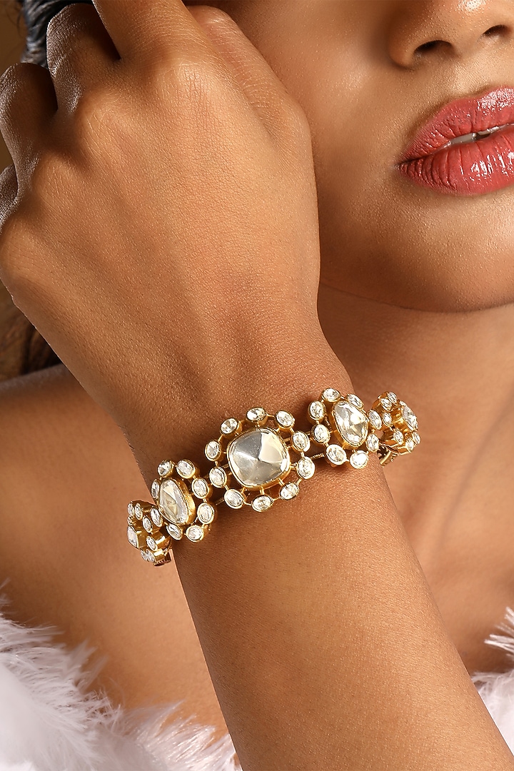 Micron Gold Finish Kundan Polki & Zircon Bracelet by Hrisha Jewels at Pernia's Pop Up Shop