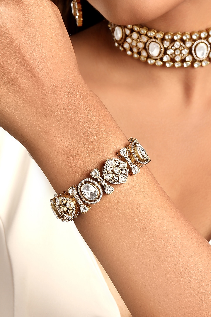 Antique Gold Finish Kundan Polki & Zircon Bracelet by Hrisha Jewels at Pernia's Pop Up Shop