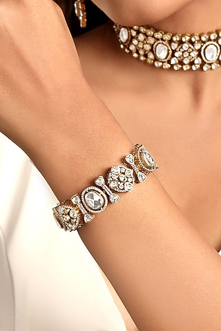 Antique Gold Finish Kundan Polki & Zircon Bracelet by Hrisha Jewels
