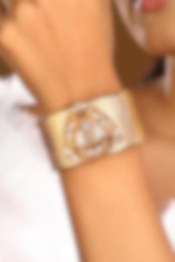 Micron Gold Finish Kundan Polki & Mother Of Pearl Cuff by Hrisha Jewels at Pernia's Pop Up Shop