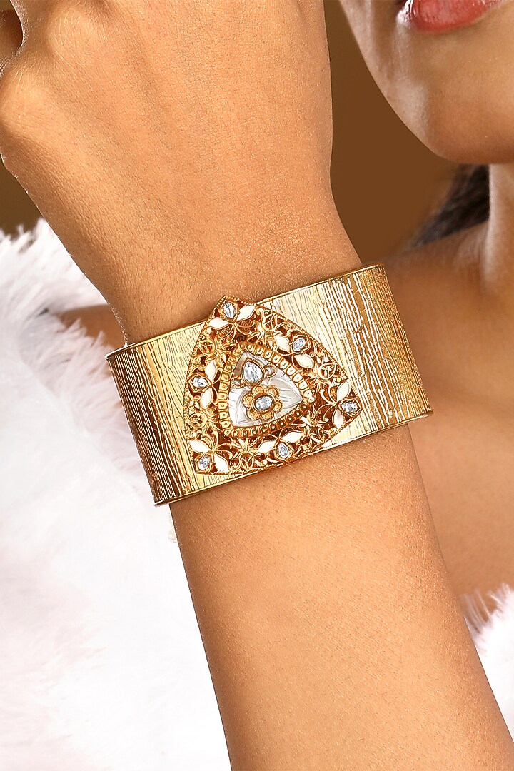 Micron Gold Finish Kundan Polki & Mother Of Pearl Cuff by Hrisha Jewels at Pernia's Pop Up Shop
