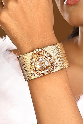 Micron Gold Finish Kundan Polki & Mother Of Pearl Cuff by Hrisha Jewels