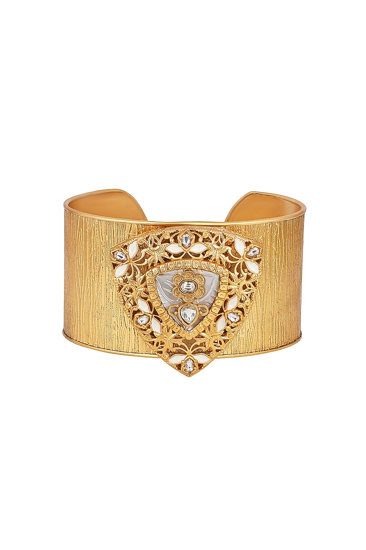 Micron Gold Finish Kundan Polki & Mother Of Pearl Cuff by Hrisha Jewels at Pernia's Pop Up Shop