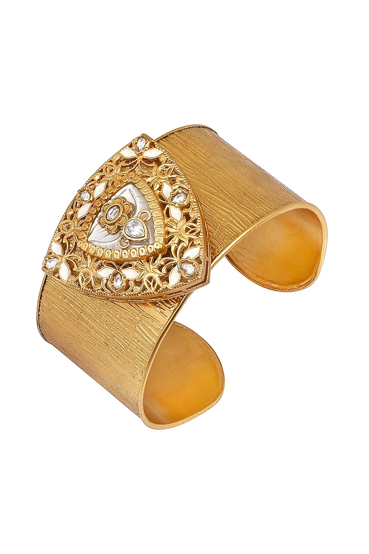 Micron Gold Finish Kundan Polki & Mother Of Pearl Cuff by Hrisha Jewels at Pernia's Pop Up Shop