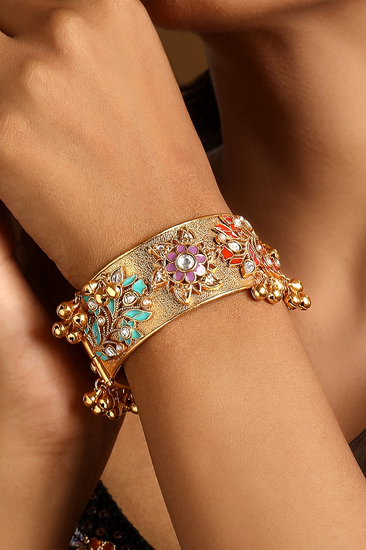 Micron Gold Finish Kundan Polki & Ghungroo Enameled Bangle by Hrisha Jewels at Pernia's Pop Up Shop