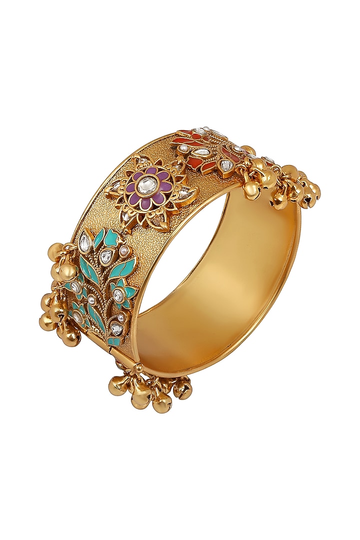 Micron Gold Finish Kundan Polki & Ghungroo Enameled Bangle by Hrisha Jewels at Pernia's Pop Up Shop