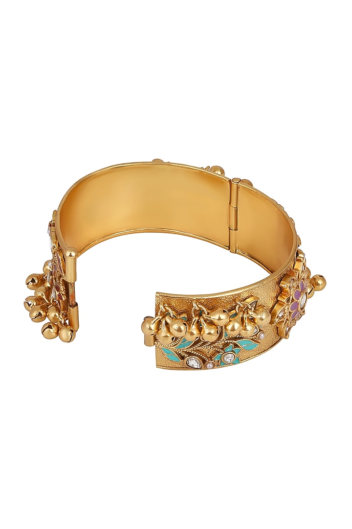 Micron Gold Finish Kundan Polki & Ghungroo Enameled Bangle by Hrisha Jewels at Pernia's Pop Up Shop