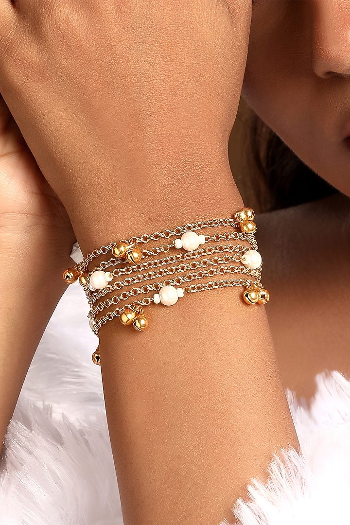 Micron Gold Finish Pearl & Ghungroo Bracelet by Hrisha Jewels at Pernia's Pop Up Shop