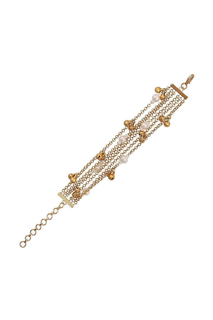 Micron Gold Finish Pearl & Ghungroo Bracelet by Hrisha Jewels at Pernia's Pop Up Shop