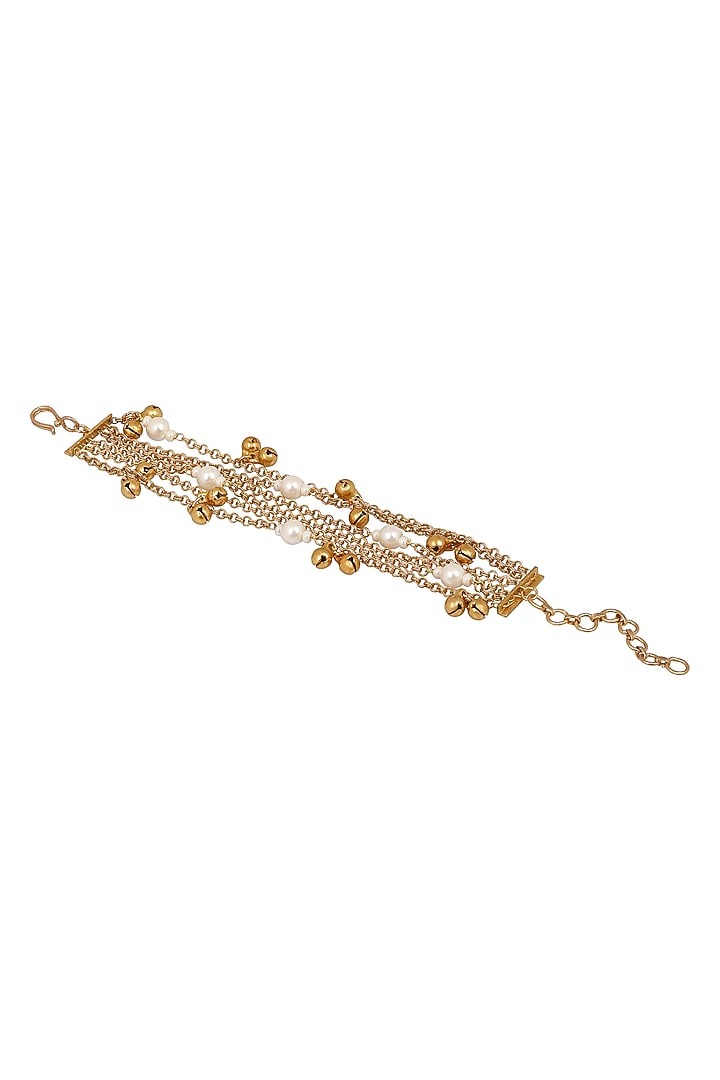 Micron Gold Finish Pearl & Ghungroo Bracelet by Hrisha Jewels at Pernia's Pop Up Shop
